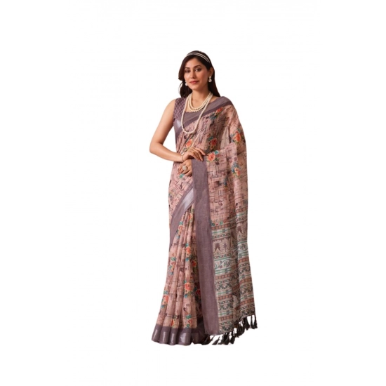 Generic Women's Faux_Linen Printed Saree With Unstitched Blouse 5.5Mtr (Mauve)