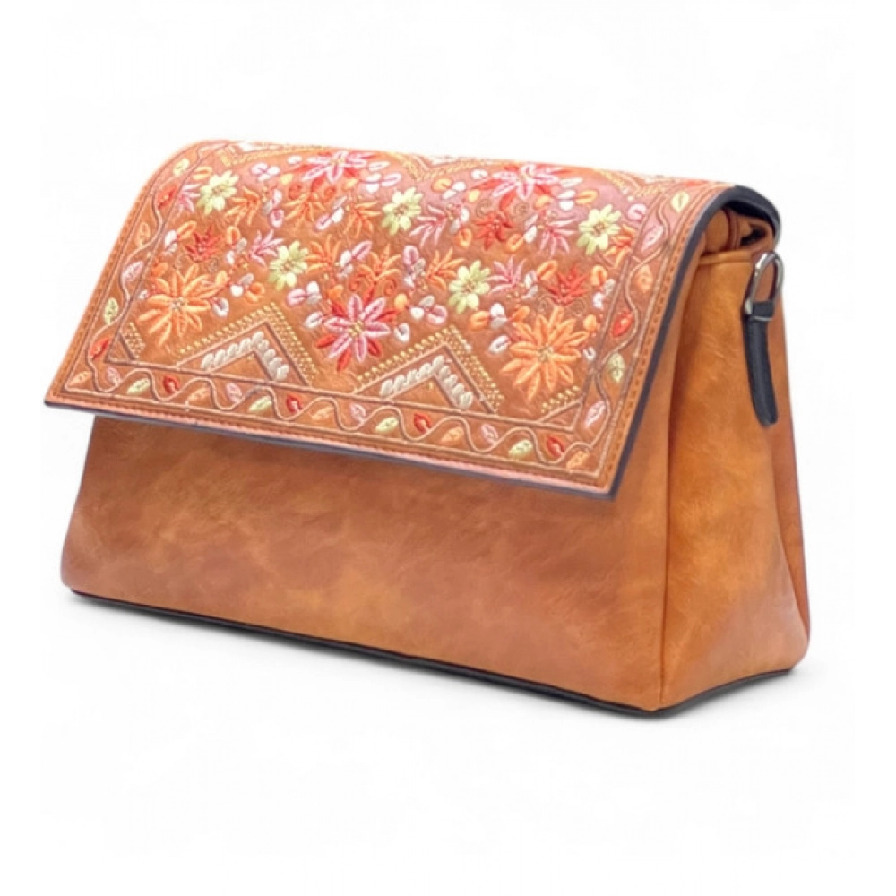 Generic Women's Polyurethane Floral Embroidered Crossbody Sling Bag with Adjustable & Removable Strap (Tan)