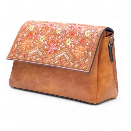 Generic Women's Polyurethane Floral Embroidered Crossbody Sling Bag with Adjustable &amp; Removable Strap (Tan)
