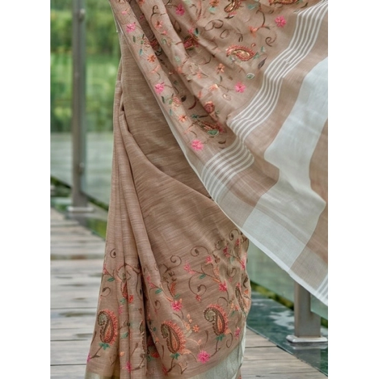 Generic Women's Linen Floral Embroidered Saree With Unstitched Blouse 5.5Mtr (Brown) Generic Women's Linen Floral Embroidered Saree With Unstitched Blouse 5.5Mtr (Brown)