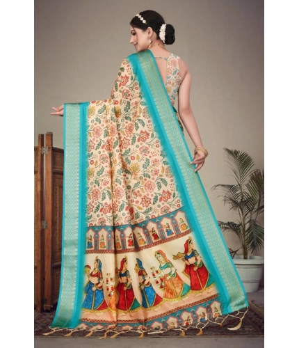 Generic Women's Cotton Silk  Printed Saree With Unstitched Blouse 5.5Mtr (Sky Blue)