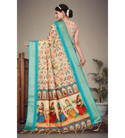 Generic Women's Cotton Silk  Printed Saree With Unstitched Blouse 5.5Mtr (Sky Blue)