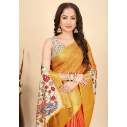 Generic Women's Cotton Blend Floral Printed Saree With Unstitched Blouse 5.5Mtr (Yellow)