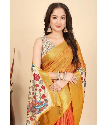 Generic Women's Cotton Blend Floral Printed Saree With Unstitched Blouse 5.5Mtr (Yellow)