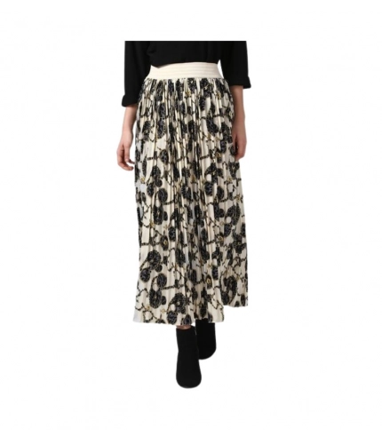 Generic Women's Georgette Chain Print Elasticated Skirt (Cream-Black)