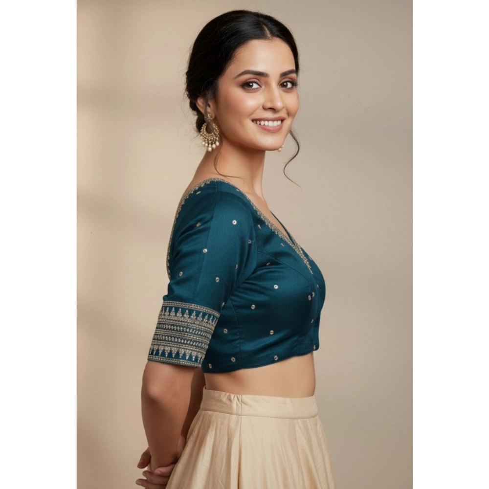 Generic Women's Vichitra Silk V Neck Padded Blouse (Teal, 38 Ready Size (Self-Alterable 36–40)