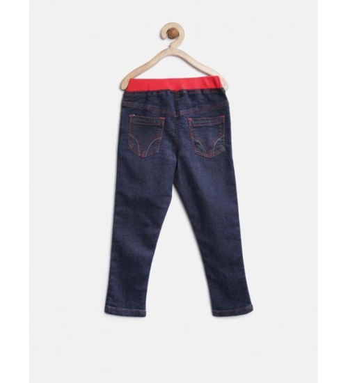 Generic Girl's Denim Ribbed Elasticated Jeans (Red-Blue)