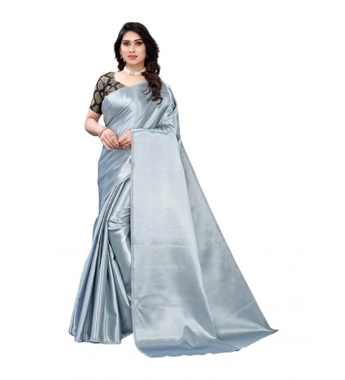 Generic Women's Satin Printed Saree With Unstitched Blouse 5.5Mtr (Grey)