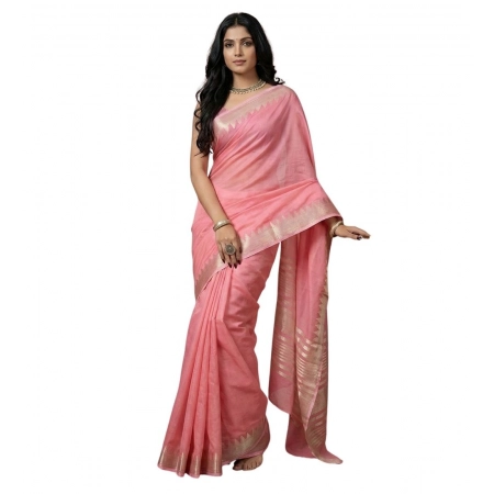 Generic Women's Cotton Printed Saree With Unstitched Blouse 5.5Mtr (Coral Pink)