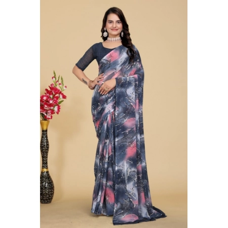 Generic Women's Georgette Printed Saree With Unstitched Blouse 5.5Mtr (Grey-Pink)