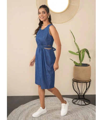 Generic Women's Denim Solid Sleeveless Dress (Blue)