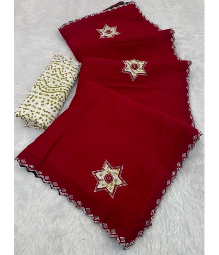 Generic Women's Chiffon Butti Dotted Saree With Unstitched Blouse 5.5Mtr (Red)