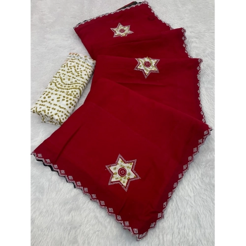 Generic Women's Chiffon Butti Dotted Saree With Unstitched Blouse 5.5Mtr (Red)