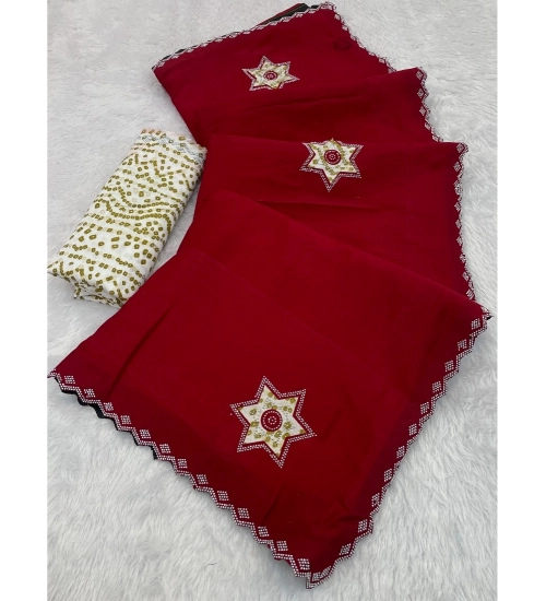 Generic Women's Chiffon Butti Dotted Saree With Unstitched Blouse 5.5Mtr (Red)