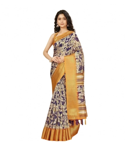 Generic Women's Cotton Silk Floral Printed Saree With Unstitched Blouse 5.5Mtr (Purple)