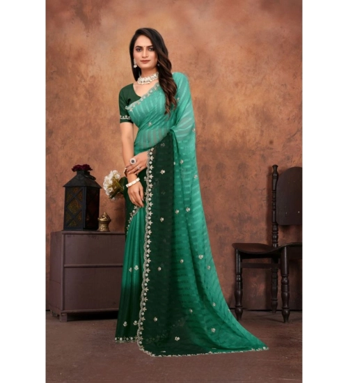 Generic Women's Chiffon Embroidred Saree With Unstitched Blouse 5.5Mtr (Dark Green)