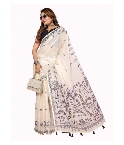 Generic Women's Linen Cotton Printed Saree With Unstitched Blouse 5.5Mtr (Off White)