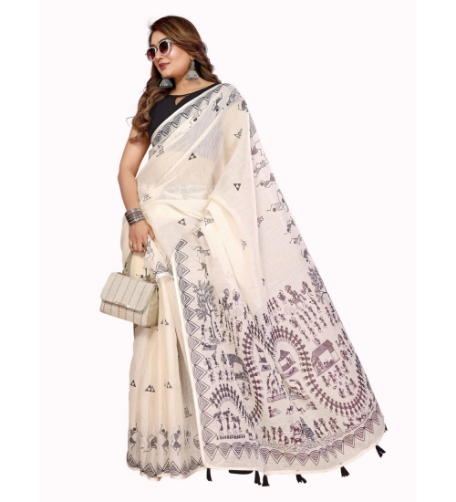 Generic Women's Linen Cotton Printed Saree With Unstitched Blouse 5.5Mtr (Off White)