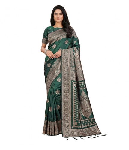 Generic Women's Silk Blend Printed Saree With Unstitched Blouse 5.5Mtr (Green)