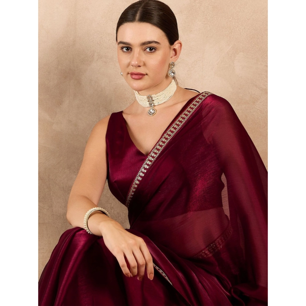 Women's Jimmy Choo solid Saree With Unstitched Blouse 5.5Mtr (Wine )