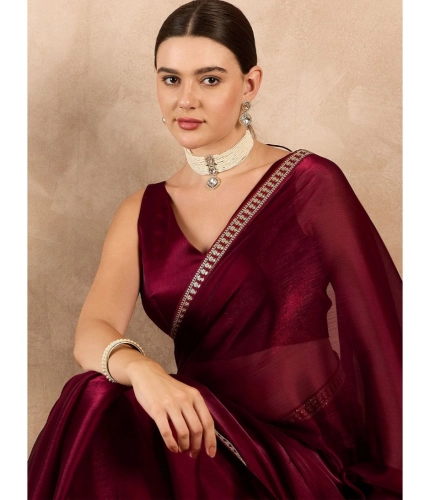 Generic Women's Jimmy Choo solid Saree With Unstitched Blouse 5.5Mtr (Wine )