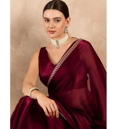 Generic Women's Jimmy Choo solid Saree With Unstitched Blouse 5.5Mtr (Wine )