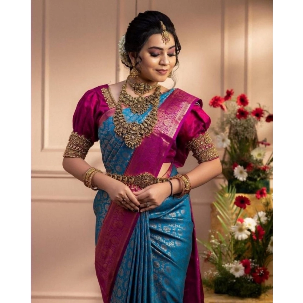 Generic Women's Soft Litchi Silk Jacquard Work Saree With Unstitched Blouse 5.5Mtr (Dark Blue) Generic Women's Soft Litchi Silk Jacquard Work Saree With Unstitched Blouse 5.5Mtr (Dark Blue)