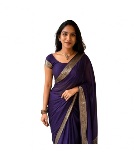 Generic Women's Vichitra Silk Printed Saree With Unstitched Blouse 5.5Mtr (Purple)