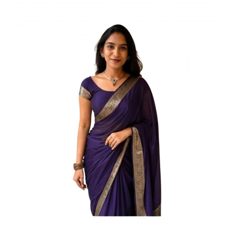Generic Women's Vichitra Silk Printed Saree With Unstitched Blouse 5.5Mtr (Purple)