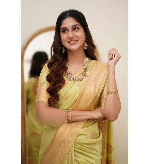 Generic Women's Soft Litchi Silk Jacquard Work Saree With Unstitched Blouse 5.5Mtr (Light Green)