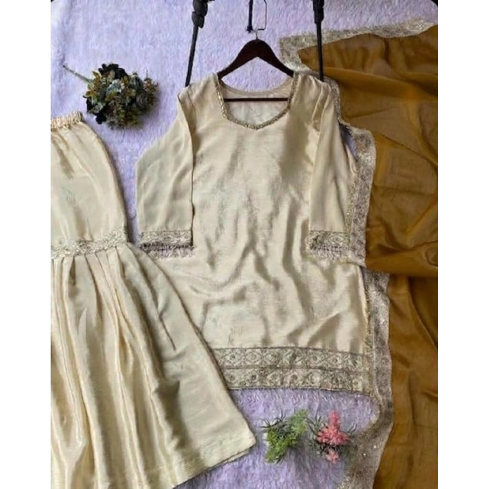 Generic Women's Silk Embroidered 3/4th Sleeve V-Neck Kurti With Sharara Pant and Dupatta Set (Cream & Yellow) Generic Women's Silk Embroidered 3/4th Sleeve V-Neck Kurti With Sharara Pant and Dupatta Set (Cream & Yellow)