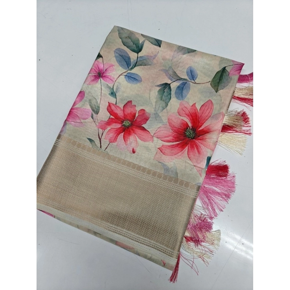 Women’s Cotton Silk Floral Printed Saree With Unstitched Blouse 5.5Mtr (Beige)