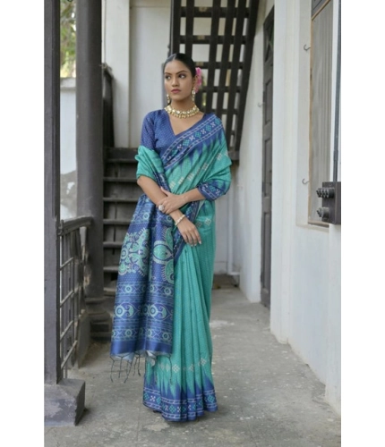 Generic Women's Faux_Tussar Ikat Saree With Unstitched Blouse 5.5Mtr (Sea_Green)