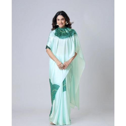 Women's Soft Crepe Silk Printed Ready To Wear Saree With Unstitched Blouse 5.5Mtr (Green)