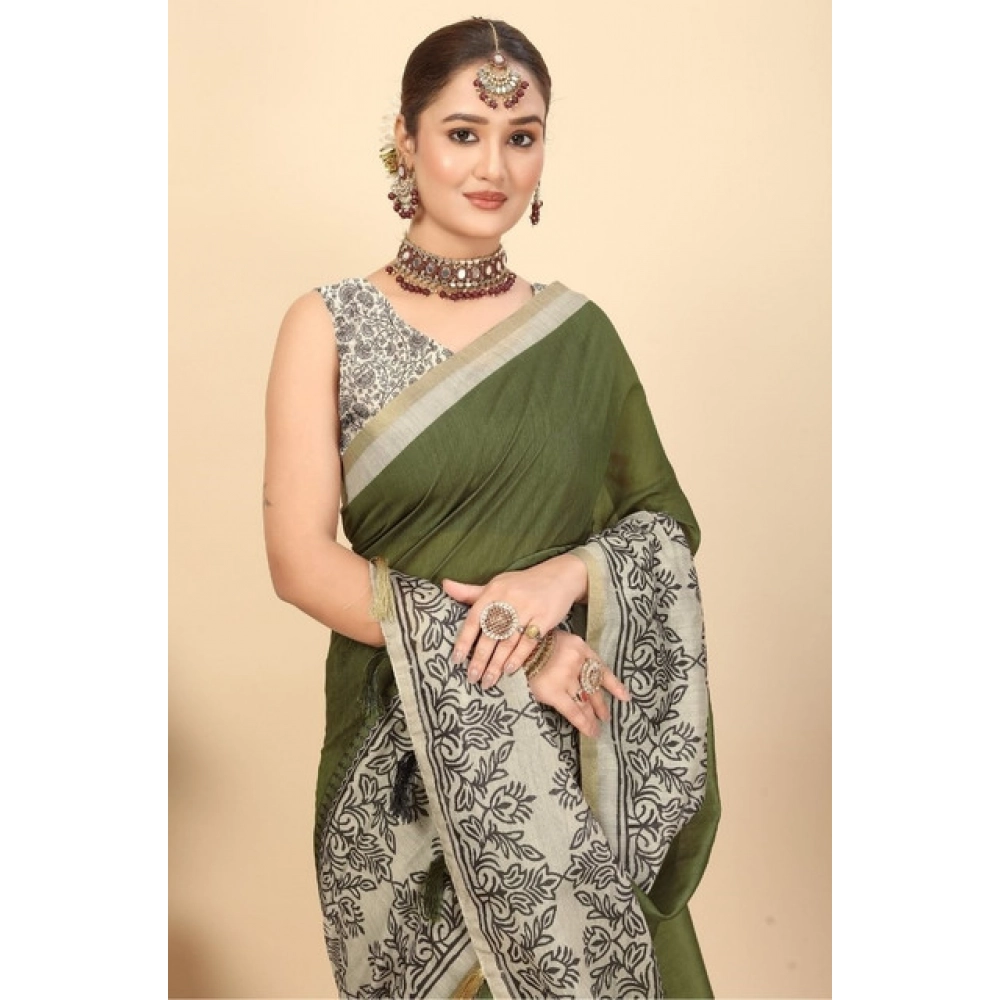 Women’s Chanderi Printed Saree With Unstitched Blouse 5.5Mtr (Green)