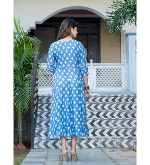 Generic Women's Rayon Print With Embroidery Work A-Line Kurti (Sky Blue)