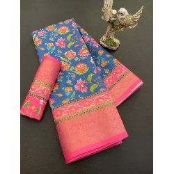 Generic Women's Soft Dola Cotton Printed Saree With Unstitched Blouse 5.5Mtr (Blue)