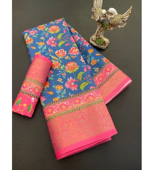 Generic Women's Soft Dola Cotton Printed Saree With Unstitched Blouse 5.5Mtr (Blue)
