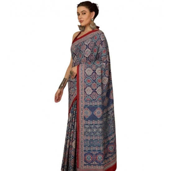 Generic Women's Crepe Printed Saree With Unstitched Blouse 5.5Mtr (Navy Blue) Generic Women's Crepe Printed Saree With Unstitched Blouse 5.5Mtr (Navy Blue)