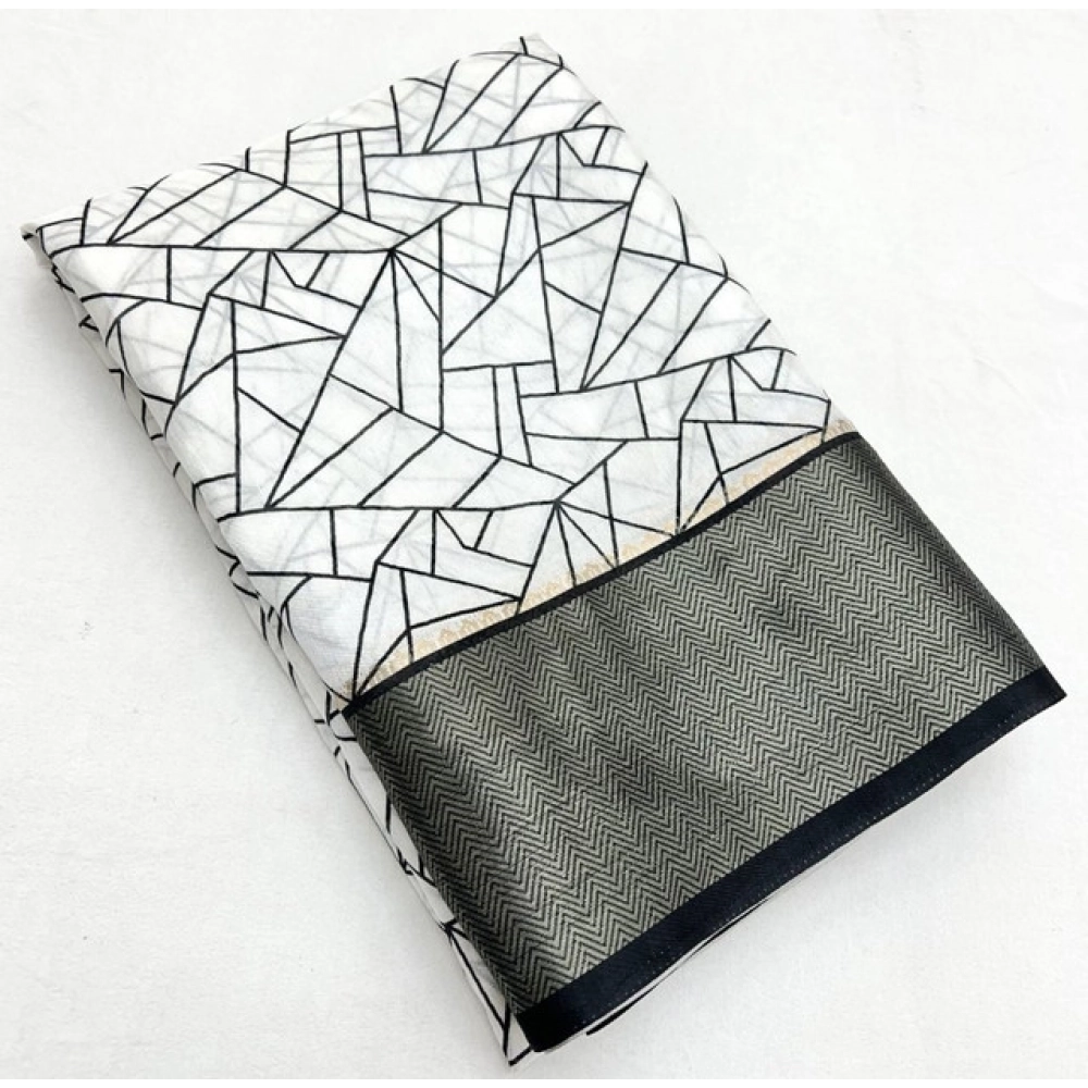 Women's Cotton Silk Printed Saree With Unstitched Blouse 5.5Mtr (White-Black)