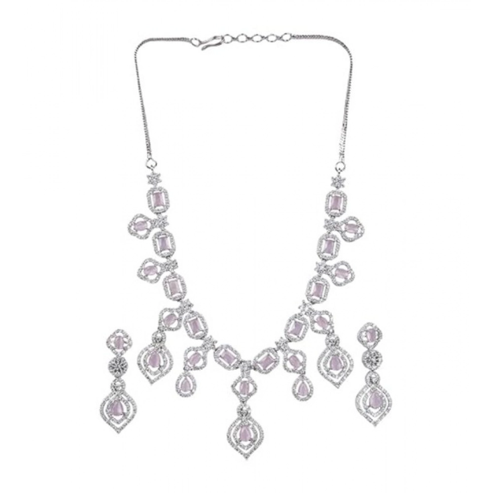 Generic Women's Brass Silver Plated Necklace set (Pink)