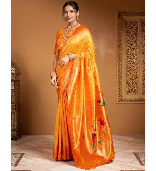 Generic Women's Silk Blend Woven Saree With Unstitched Blouse 5.5Mtr (Orange)