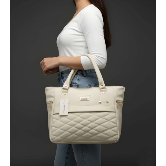 Women's PU Leather Solid Shoulder Zipper Handbag (Cream)