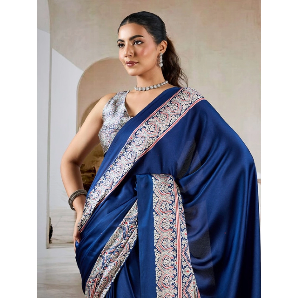 Generic Women's Satin Crepe Printed Saree With Unstitched Blouse 5.5Mtr (Blue)