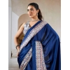 Generic Women's Satin Crepe Printed Saree With Unstitched Blouse 5.5Mtr (Blue)
