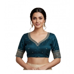 Generic Women's Vichitra Silk V Neck Padded Blouse (Teal, 38 Ready Size (Self-Alterable 36–40)