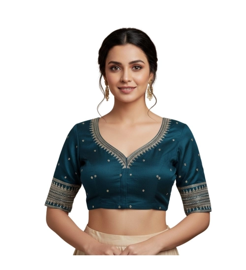 Generic Women's Vichitra Silk V Neck Padded Blouse (Teal, 38 Ready Size (Self-Alterable 36–40)