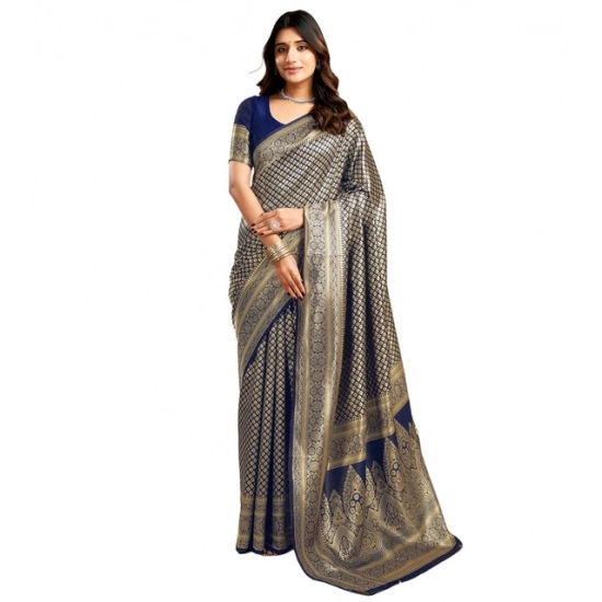 Generic Women's Jacquard Printed Saree With Unstitched Blouse 5.5Mtr (Navy Blue)