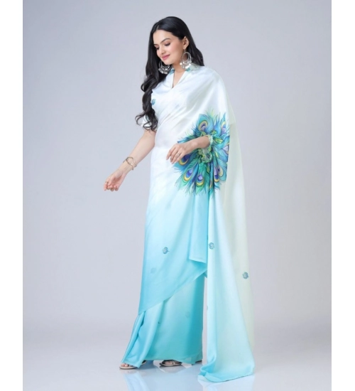 Generic Women's Soft Crepe Silk Printed Ready To Wear Saree With Unstitched Blouse 5.5Mtr (Sky Blue)