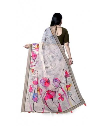 Generic Women's Georgette Floral Printed Saree With Unstitched Blouse 5.5Mtr (Beige)